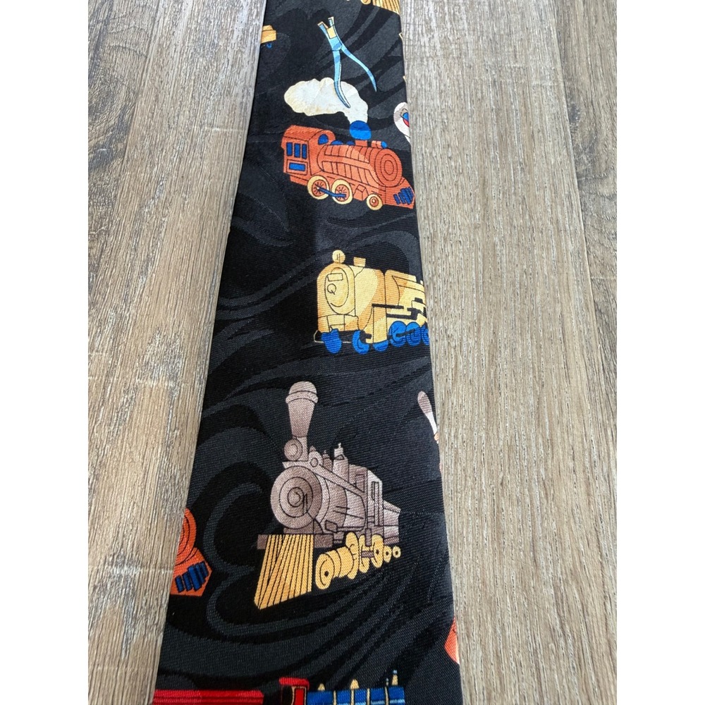 Steven Harris Mens Locomotive Train Railroad Novelty Tie Black Handmade - Picture 3 of 8